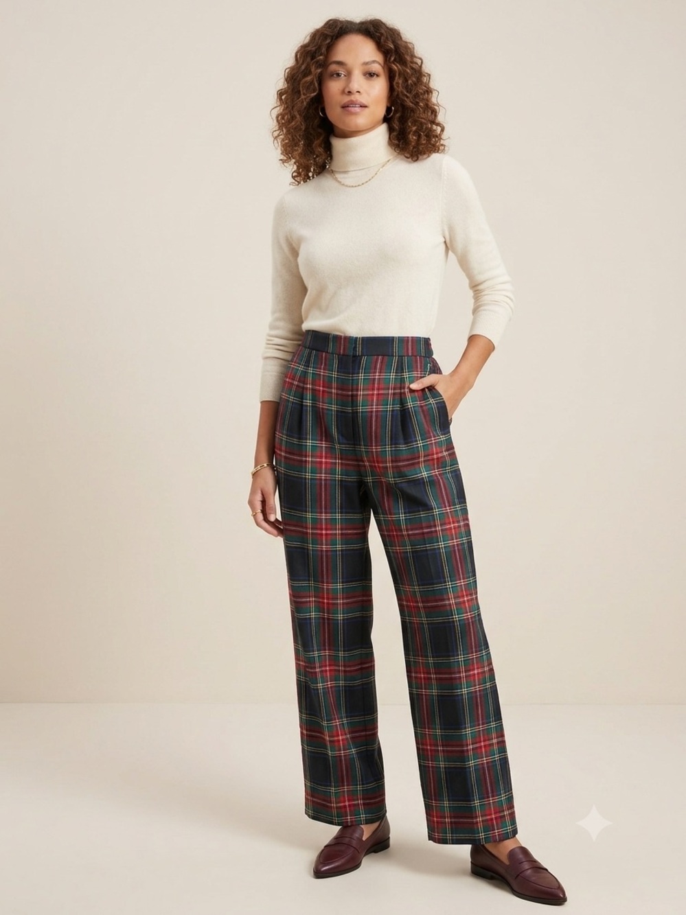 Talbots Plaid Wide-Leg Trousers in Navy, Red & Green